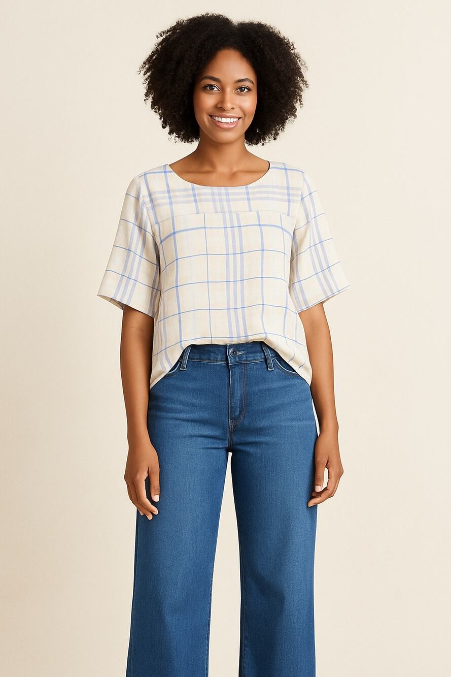 Liz Claiborne White blue plaid Linen cotton Blouse medium cottagecore tie back